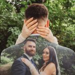 Bride embracing groom in forest, wedding photo on suit.