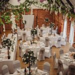 Elegant wedding reception with floral decorations.