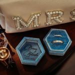 Wedding rings in blue velvet box with bag