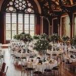 Elegant wedding reception hall with floral centrepieces