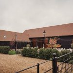 Countryside barn wedding venue with garden view.