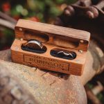 Wooden box with wedding rings engraved 'Mr & Mrs Robinson'