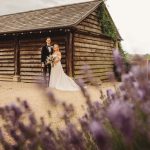 Bride and groom by rustic wooden barn, lavender foreground.