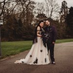 Bride and groom in outdoor wedding setting.