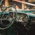 Classic car interior with GPS and steering wheel