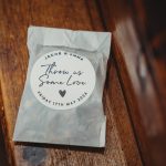 Wedding confetti bag on wooden bench