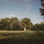 Bride and groom in scenic outdoor setting.