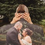 Wedding couple embracing in artistic photo collage.