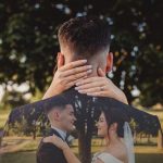 Couple embracing outdoors, wedding dress and ring visible.