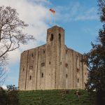 Castle with flag on sunny day.