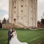 Bride and groom at English castle wedding