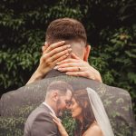 Wedding photo montage on couple embracing.