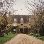 Quaint country house with trees and daffodils.