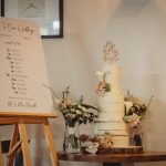 Wedding schedule and cake with flowers.